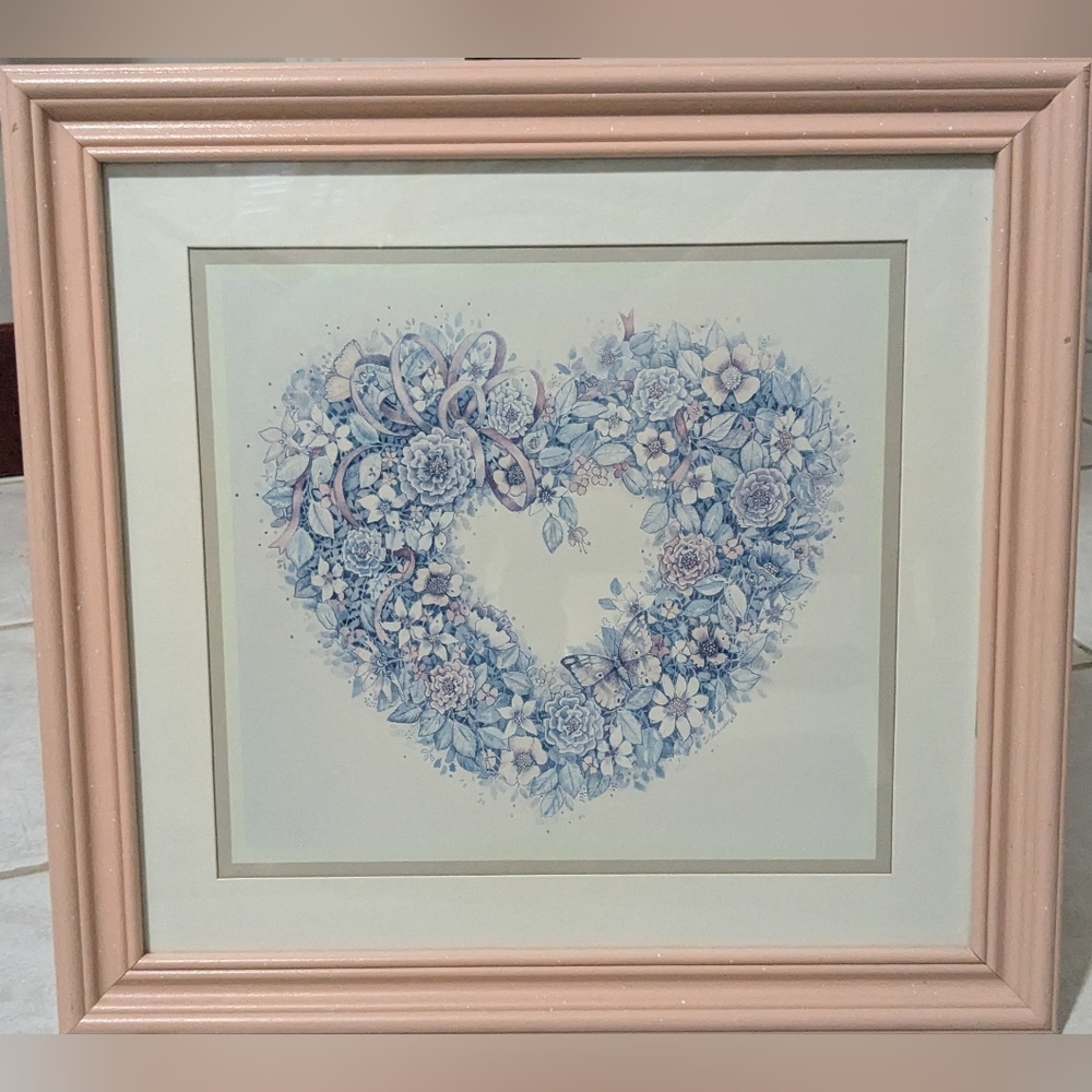 Vintage Floral Heart w/ Butterflies Framed Picture Homco